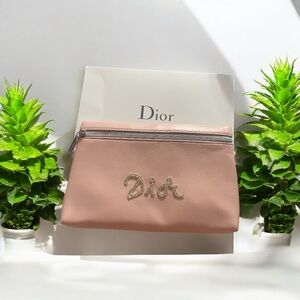 New w/ Box Beaded Dior Pink GWP Large Clutch Vegan Leather w/ Dior Zipper Pull